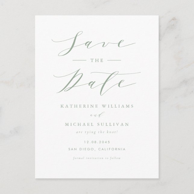 Cartão Postal Sage Green Minimalist Script QR Code Salvar a Data (Frente)