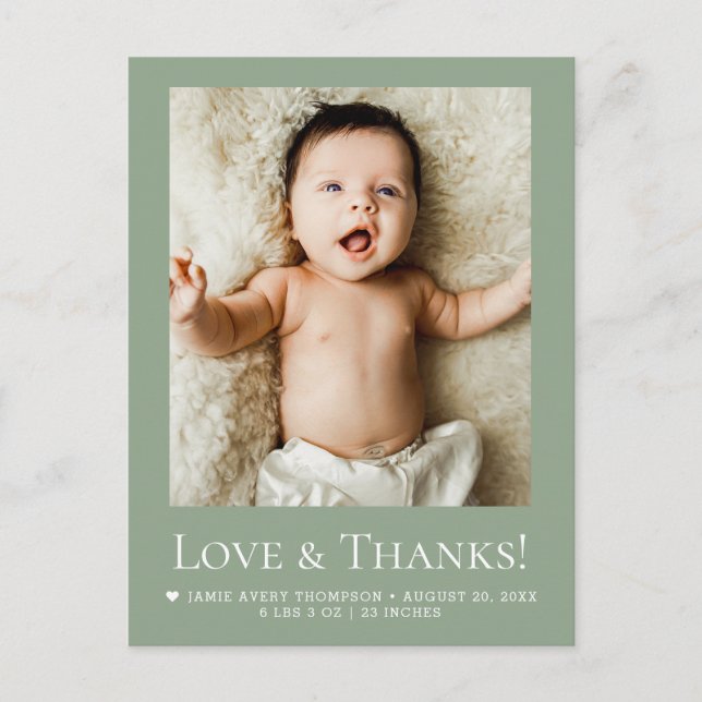 Cartão Postal Sage Green Photo Baby Love & thanks Modern  (Frente)