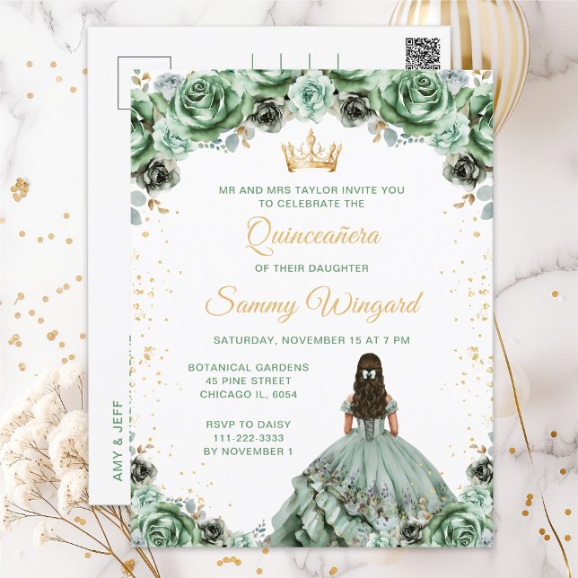 Cartão Postal Sage Green Princess Floral Quinceañera (Criador carregado)