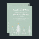 Cartão Postal Sage Green Winter Christmas Salve the Date Weding<br><div class="desc">Sage Green Winter Christmas Salve the Date Wedding Postcard apresenta Wendland de inverno, árvore de Natal/pinheiro, neve e modelo de texto em fundo verde de sábio.Um design perfeito para o inverno ou tema de Natal.Clique no botão personalizar para personalizá-lo com seu texto ou nome.Visite gentilmente minha loja " loveyouart" para...</div>
