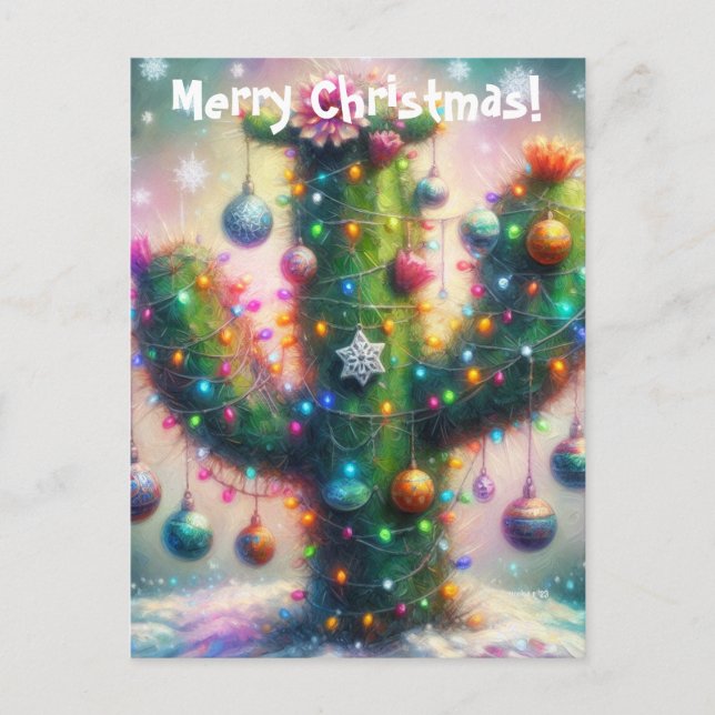 Cartão Postal Saguaro Cactus Whimsical Snowflakes de Natal (Frente)