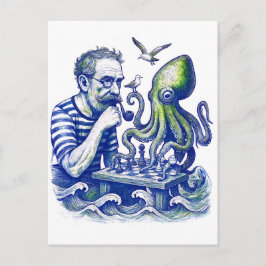 Cartão Postal Sailor Playing Chess With Large Curious Octopus