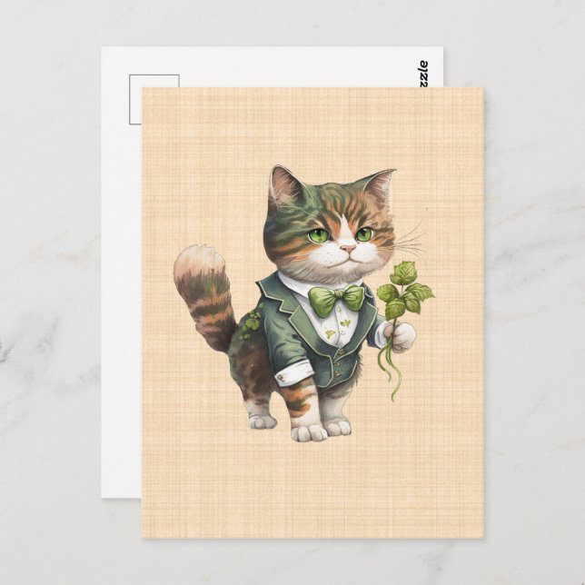 Cartão Postal Saint Patrick : Chat chanceux en costume  (Frente/Verso)