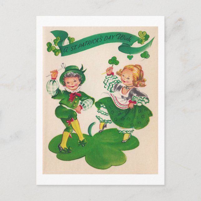Cartão Postal Saint Patrick's Day Boy & Girl, Vintage (Frente)