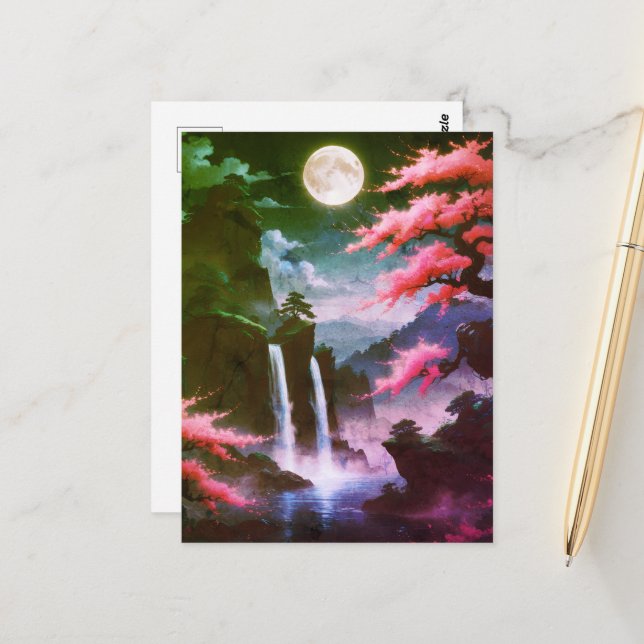 Cartão Postal Sakora tree-Moonlit Waterfall with Cherr-pink (Frente/Verso In Situ)