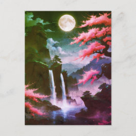 Cartão Postal Sakora tree-Moonlit Waterfall with Cherr-pink