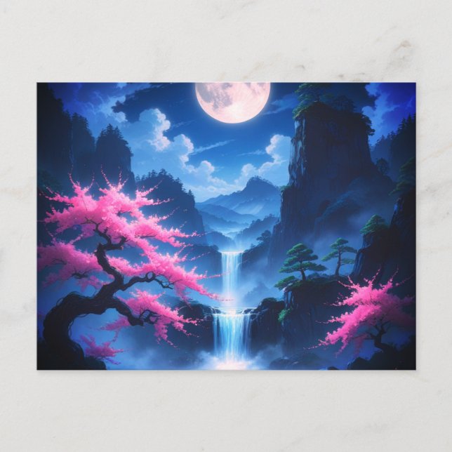 Cartão Postal Sakora tree -Moonlit Waterfall with Cherry-nature (Frente)