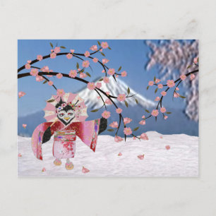 Cartão Postal Sakura Geisha Pássaro na Neve Flores de Cerejeira