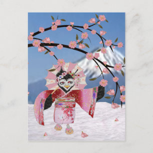 Cartão Postal Sakura Geisha Pássaro na Neve Flores de Cerejeira