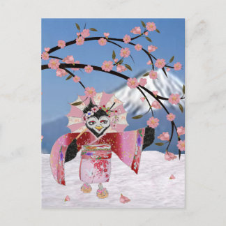 Cartão Postal Sakura Geisha Pássaro na Neve Flores de Cerejeira