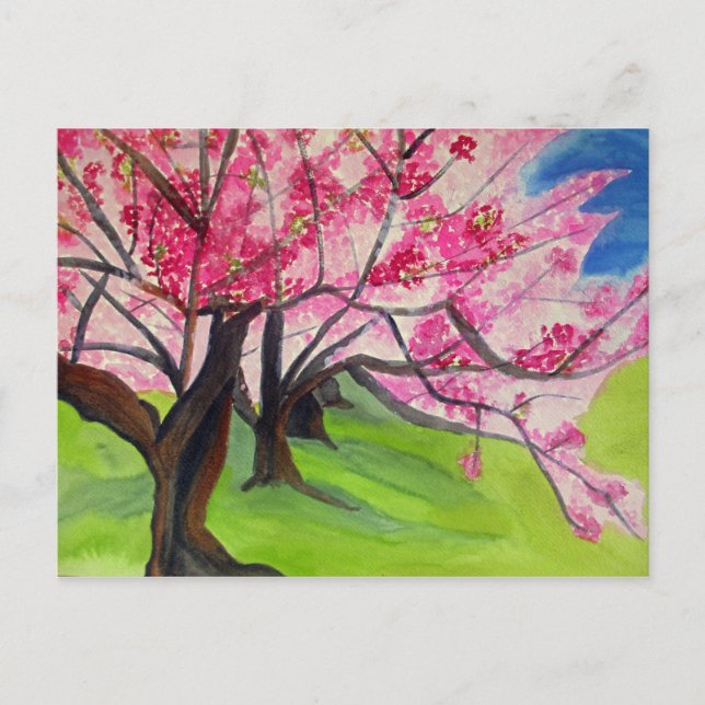 Cartão Postal Sakura Japonês Cherry Blossom watercolor art (Frente)