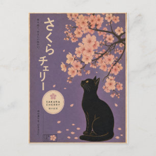 Cartão Postal Sakura Japonesa Gato Preto Floral Flor de Cerejeir
