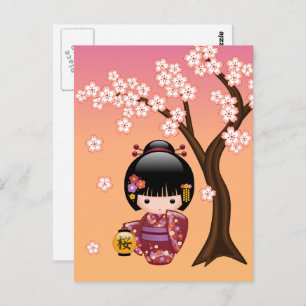 Cartão Postal Sakura Kokeshi Doll Cute Geisha Girl