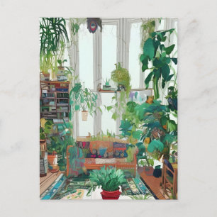 Cartão Postal Sala de Estar Linda Cheia de Plantas Tropicais AI