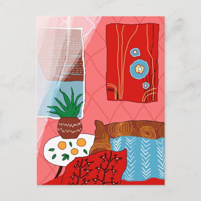 Cartão Postal Sala Vermelha inspirada por Matisse com Travesseir (Frente)