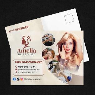 Cartão Postal Salão de Estilista de Cabelo Elegant Biege Maquiag