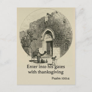 Cartão Postal Salm 100:4 no pano de fundo dos muros de Jerusalé