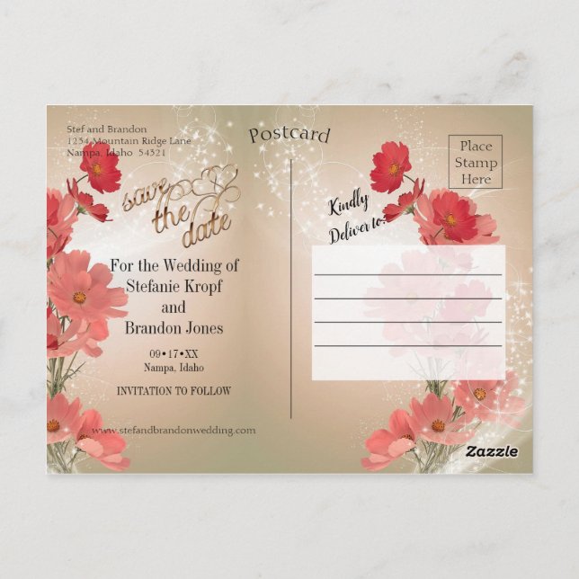 Cartão Postal Salmão e Flores Vermelhas/Trim Dourado (Verso)