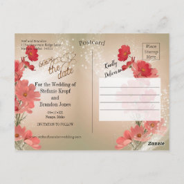 Cartão Postal Salmão e Flores Vermelhas/Trim Dourado