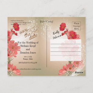 Cartão Postal Salmão e Flores Vermelhas/Trim Dourado