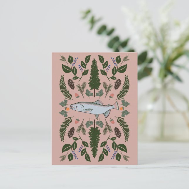 Cartão Postal Salmão PNW Nature Fir Ferns Berries Banquete de Fo (Em pé/Frente)