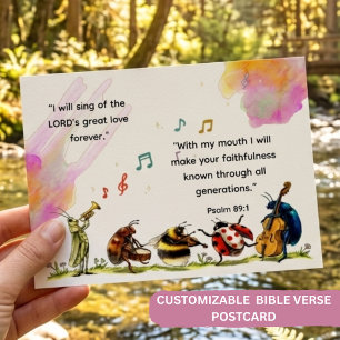 Cartão Postal Salmo 89:1 Cute Insect Orchestra Versículo Cristão