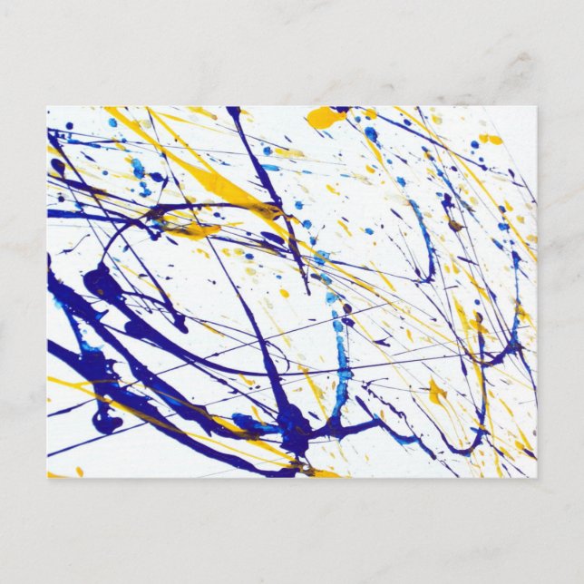 Cartão Postal Salpico de tinta azul e amarelo abstrato (Frente)
