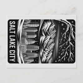 Cartão Postal Salt Lake City Skyline Black and White Woodcut 