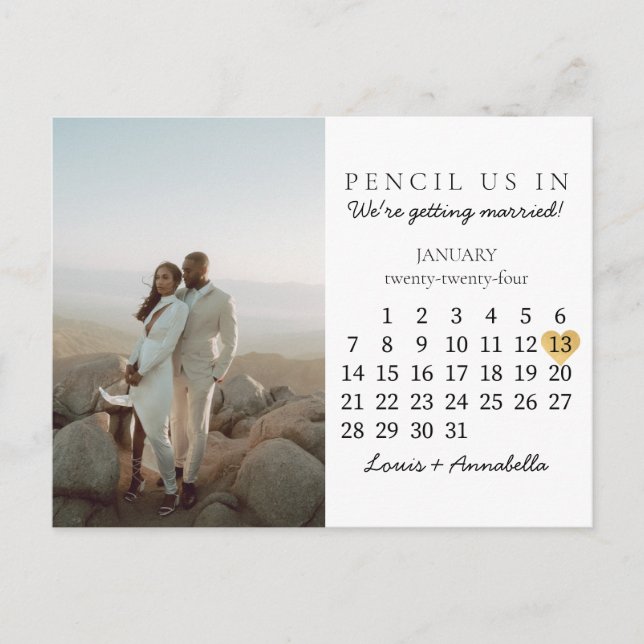 Cartão Postal Salvar a data Calendário Coração Janeiro 2024 Mês (Frente)