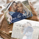 Cartão Postal Salvar a data de fotos manuscritas de branco<br><div class="desc">Casamento manuscrito Salve os Cartões de Data que têm uma foto na frente e atrás. Os cartões Save the Date Fall, Autumn, Winter, Primavera ou Summer contêm uma tipografia moderna escrita cursiva escrita escrita escrita escrita escrita escrita escrita escrita com corações que são elegantes, simples e modernos para usar depois...</div>