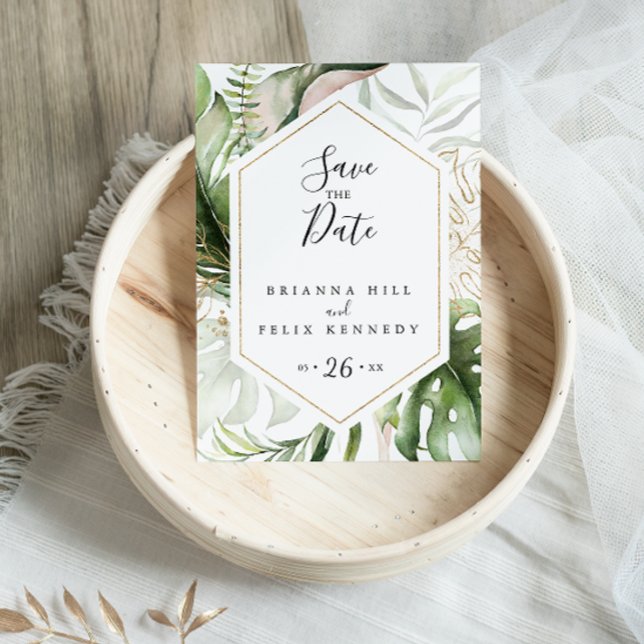 Cartão Postal Salvar a data de greenery tropical dourado geométr (Criador carregado)