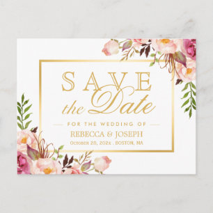 Cartão Postal Salvar a Data Elegante Rosa Floral Moldura Dourada