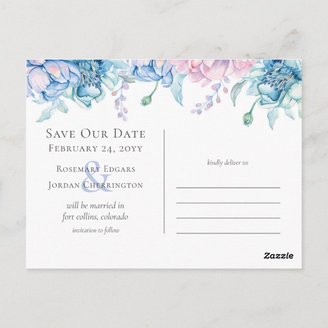 Cartão Postal Salvar a Data Floral Aquarela Casamento 3-Fotos (Verso)