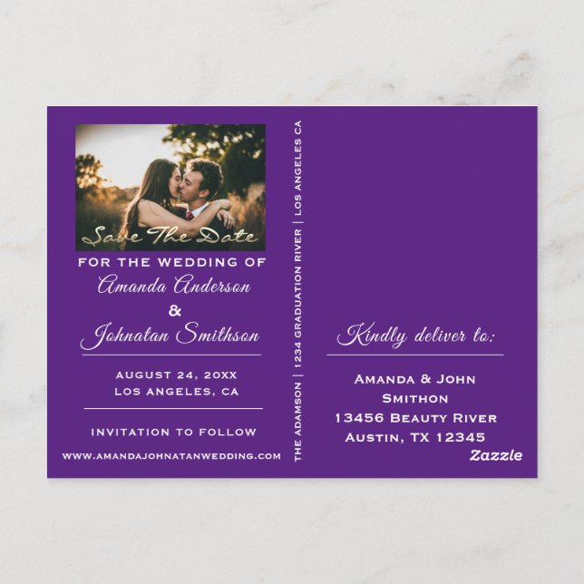 Cartão Postal Salvar A Foto Do Script De Ouro De Data Roxo (Verso)