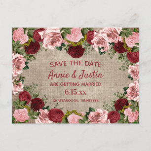 Cartão Postal Salvar Data Floral Rosa Bege Burgundy em Lona Rúst