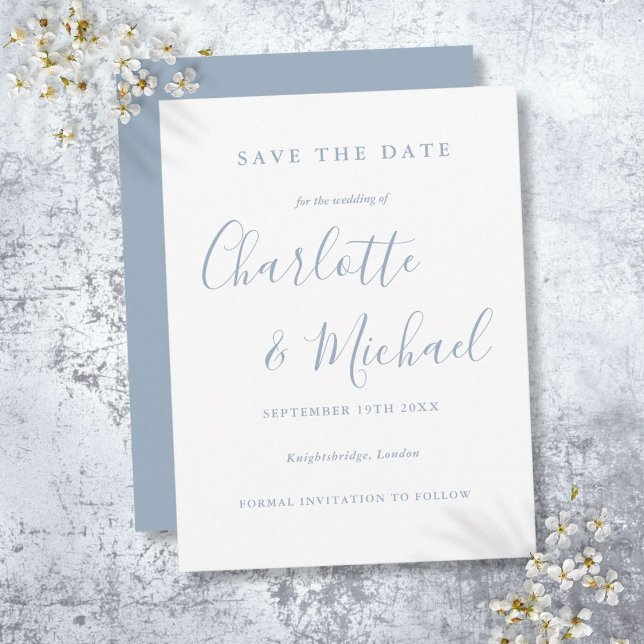 Cartão Postal Salvar data para casamento em azul empoeirado com  (Dusty Blue Script Wedding Save the Date Postcard)