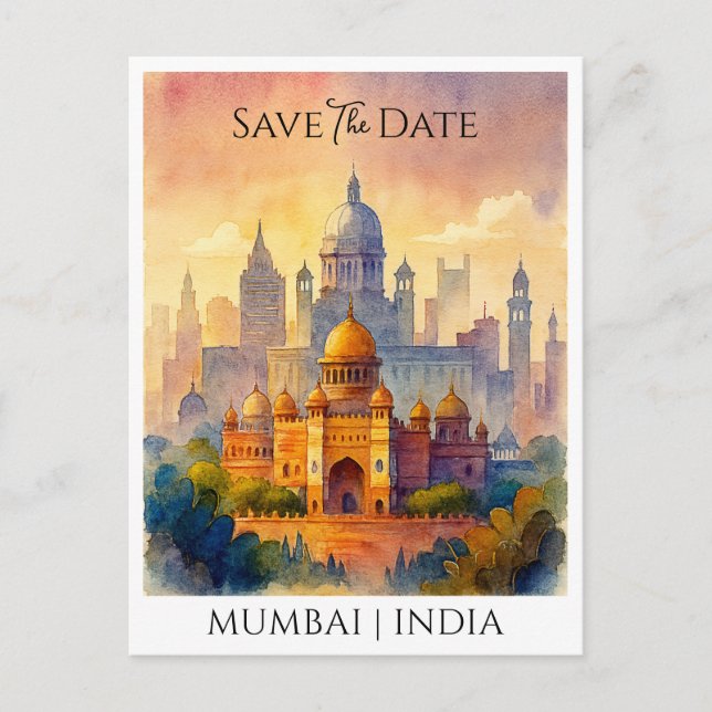 Cartão Postal Salvar data personalizado Mumbai Índia Aquarela (Frente)