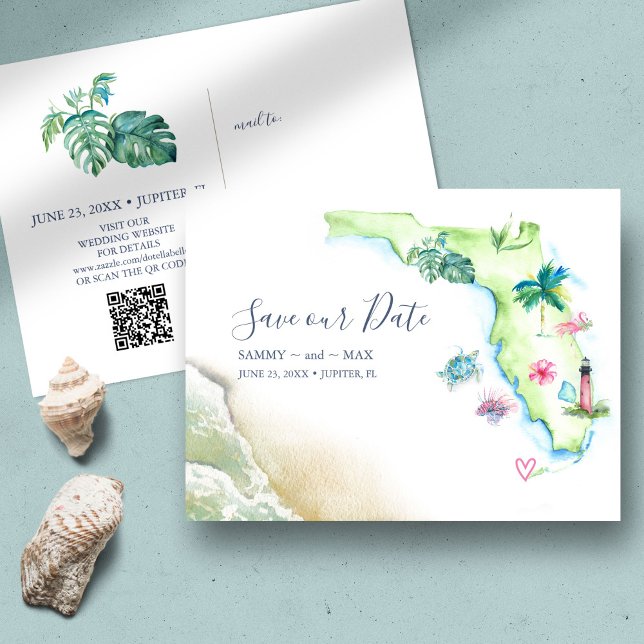 Cartão Postal Salvar o Mapa de Casamento de Destino da Flórida (Destination wedding invitation with QR code tropical watercolor Florida map by Victoria Grigaliunas)