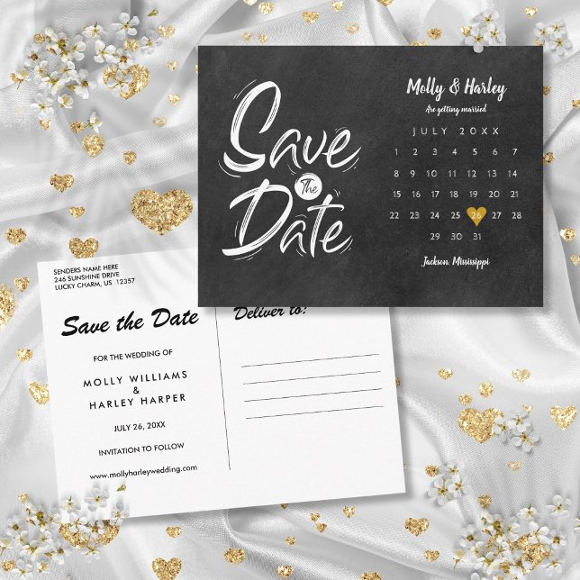 Cartão Postal Salvar o Quadro de Coração Dourado do Calendário d (Save the Date Calendar Gold Heart Chalkboard Postcard)
