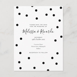 Cartão Postal Salve a Data Casamento Preto e Branco Pontos Polka