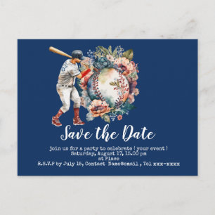 Cartão Postal Salve a data do beisebol com bola floral em azul