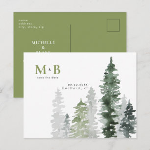 Cartão Postal Salve a Data do Monograma Verde de Musgo da Flores