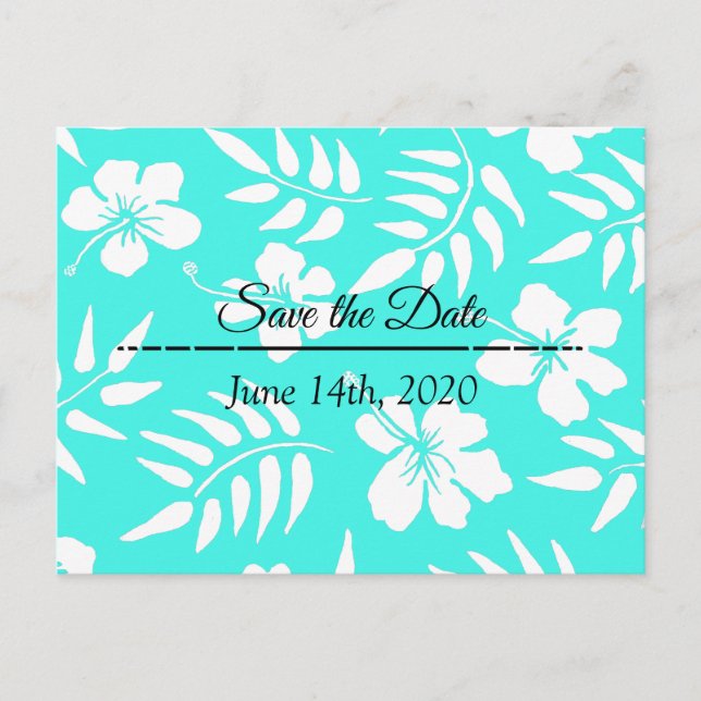 Cartão Postal Salve a data Teal Hibiscus Tropical Themed (Frente)
