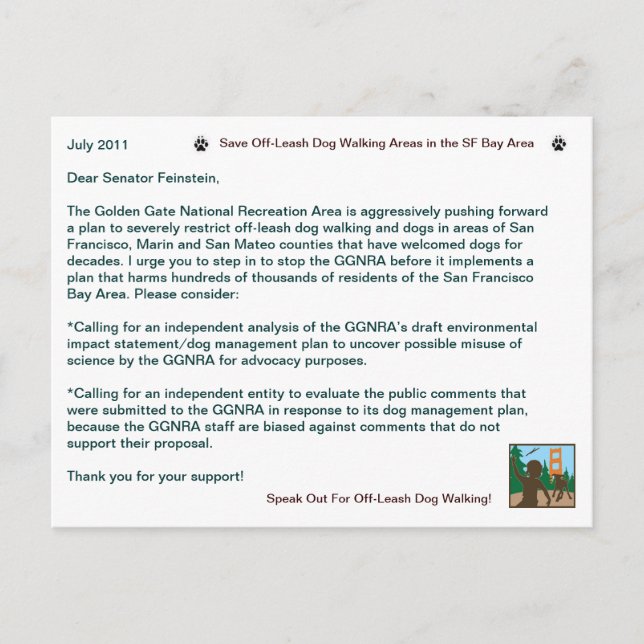 Cartão Postal Salve Leash Dog Caminhando Senador Feinstein (Frente)