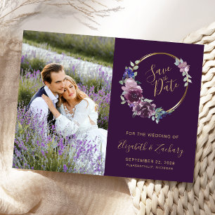 Cartão Postal Salve o Dia Floral Roxo Boho Dourado com Foto
