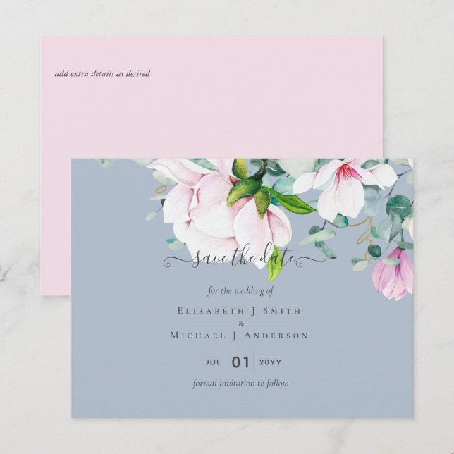 Cartão Postal Sálvia Magnólias Rosa Eucalipto Datas de Casamento (Frente/Verso)