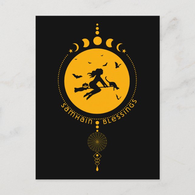 Cartão Postal Samhain Blessings, bruxa (Frente)