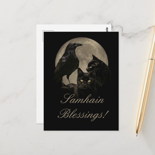 Cartão Postal Samhain Corvo e Gata Preta Pagã (Frente/Verso In Situ)