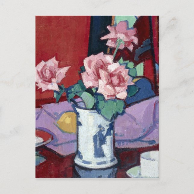 Cartão Postal Samuel John Peploe Rosas Rosa, Vaso Chinês (Frente)