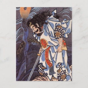 Cartão Postal Samurai e Water Dragon Vintage Impressão japonês